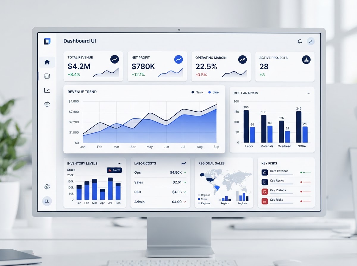 ROI Complete executive dashboard showing revenue, margin, labor and inventory metrics