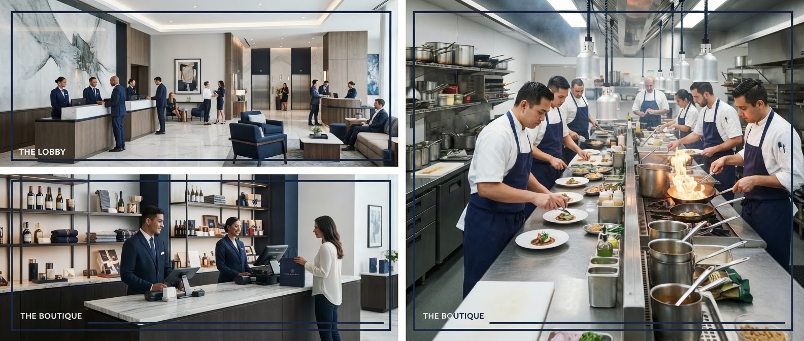 Hotel lobby, professional kitchen and retail counter representing the industries ROI Complete serves