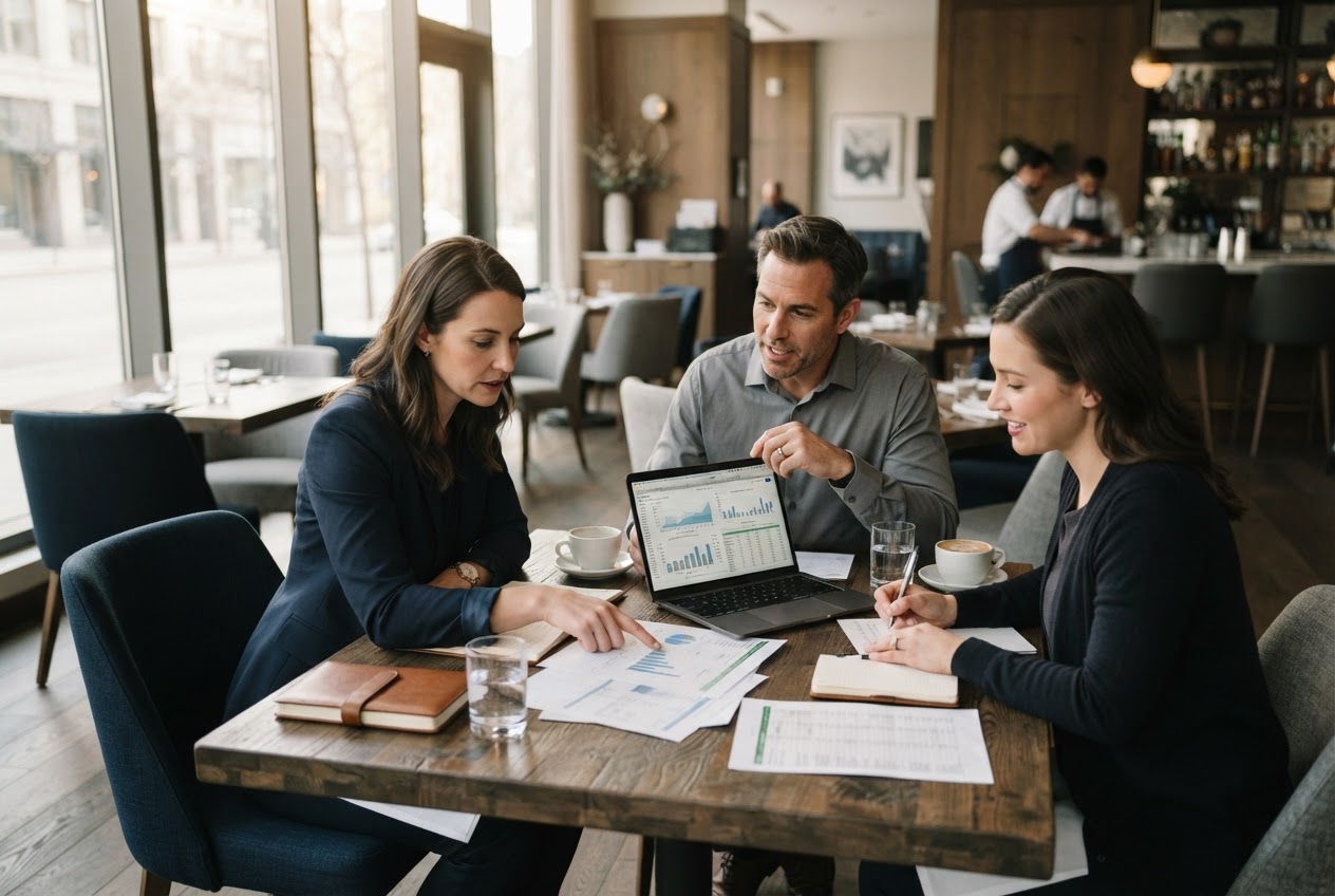 ROI Complete consultants reviewing financial performance with a restaurant management team